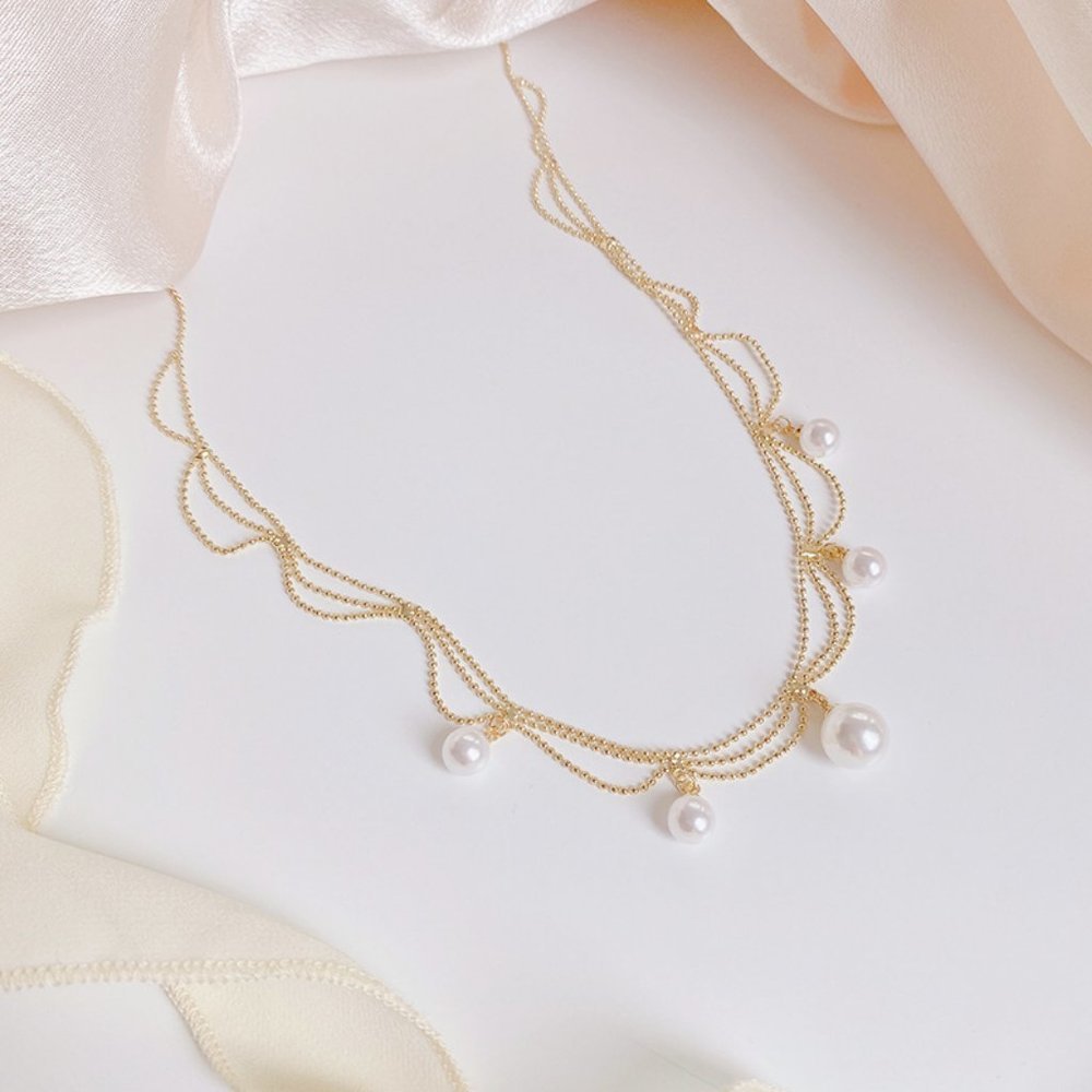 NEW 14K Gold Plated Layered Pearl Necklace - Picture 6 of 7